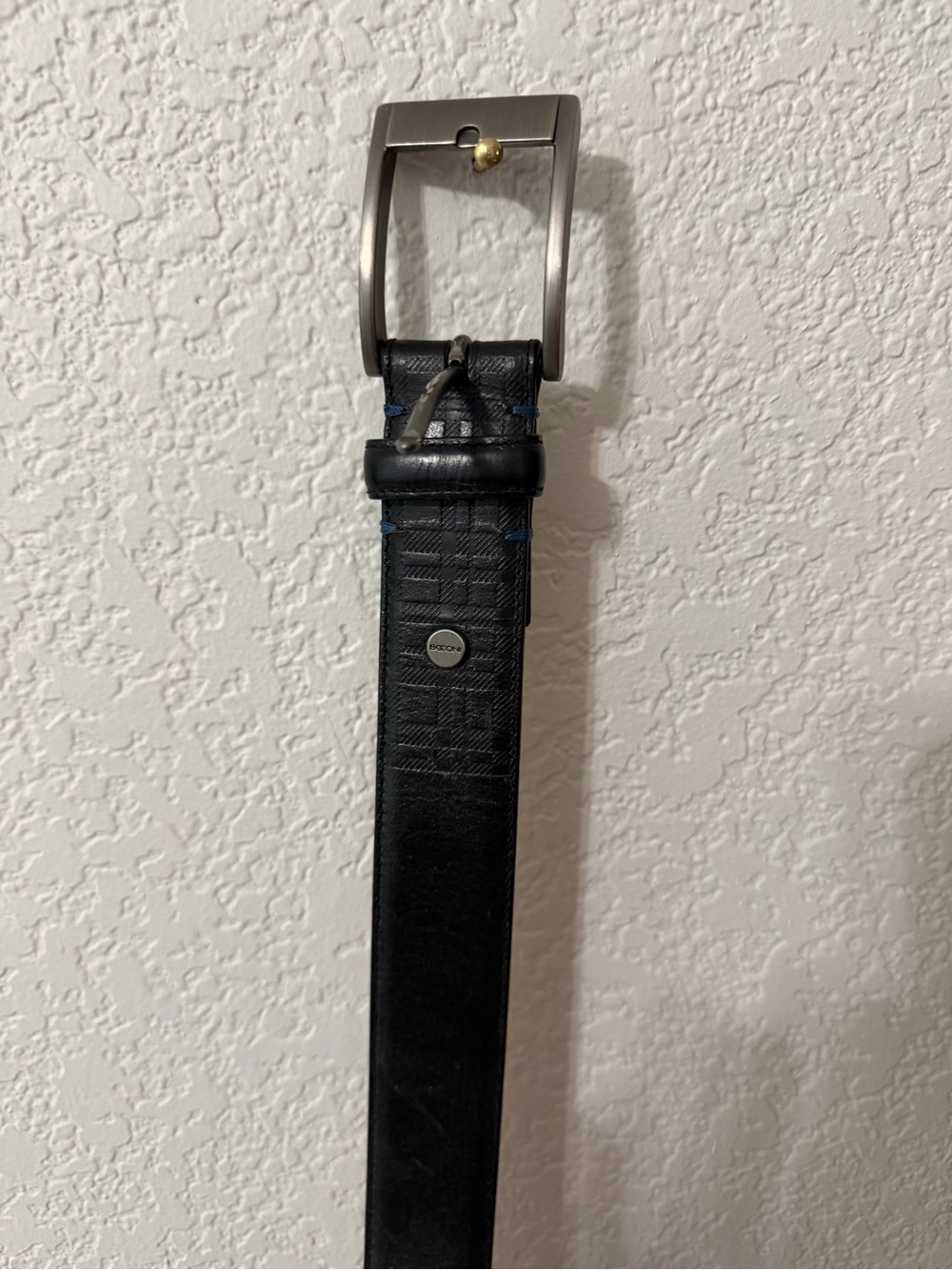 Nordstrom Black Leather Belt with Silver Buckle and Blue Stitching